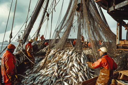 group of fishermen are on a large fishing vessel photo