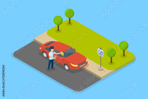 3D Isometric Flat Vector Illustration of Parking Fine, Police Officer Issues a Ticket for Illegal Parking