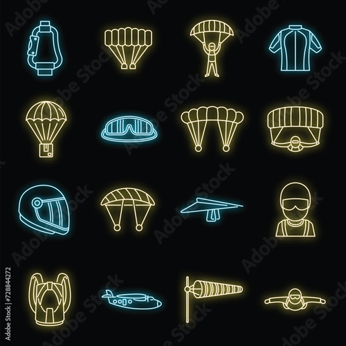 Fly parachuting icons set. Outline set of fly parachuting vector icons neon color on black