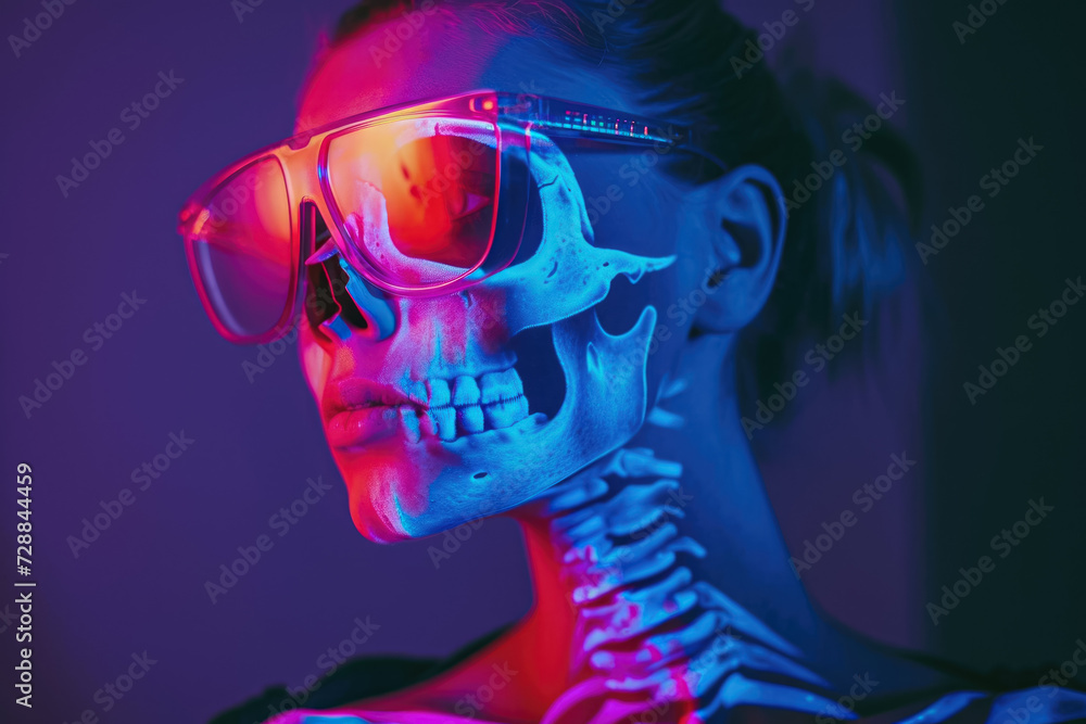 model wearing a x-ray glasses and a skeleton overlay on their body model wearing a x-ray glasses and a skeleton overlay on their body