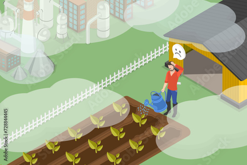 3D Isometric Flat Vector Illustration of Agriculture Issues due to Climate Change, Air Pollution