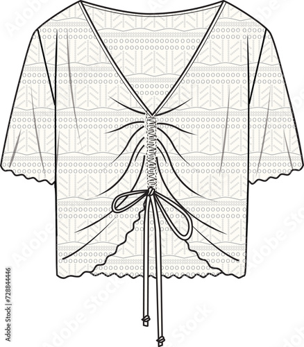 Women's Gathering Detail Short Sleeve Jumper- Technical fashion illustration. Front, ecru color. Women's CAD mock-up.