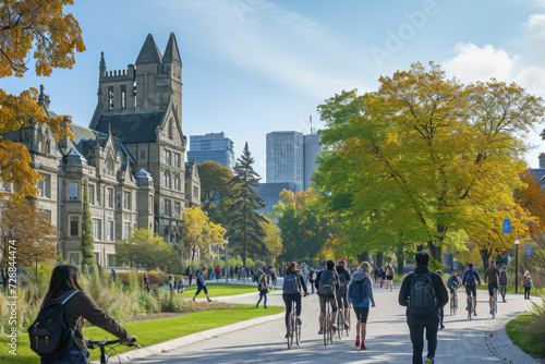 panoramic shot of a busy university campus, with students and faculty members walking and biking