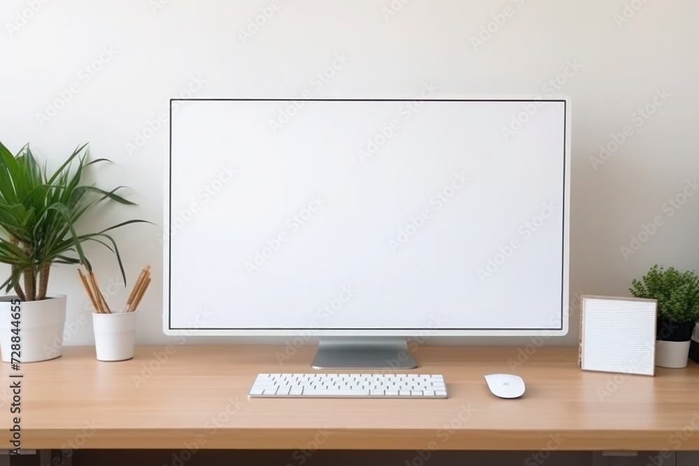 A Mockup of a blank computer screen sitting on a table, with office stationaries beside it, in a modern corporate office. A Mockup of a blank computer screen sitting on a table, with office stationaries beside it, in a modern corporate office.