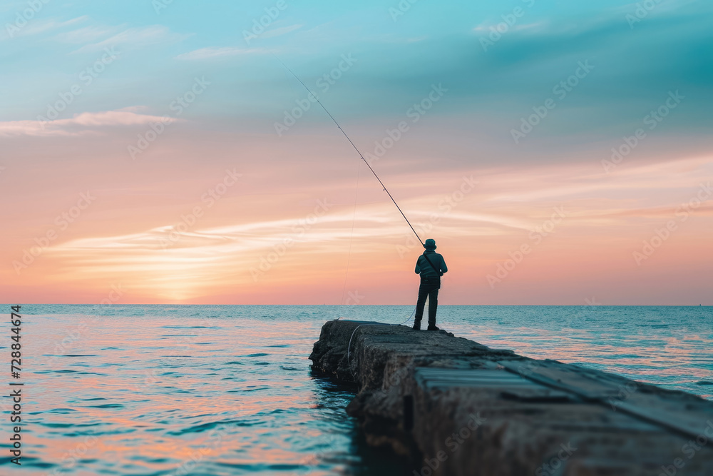 fisherman with a fishing rod at sunset