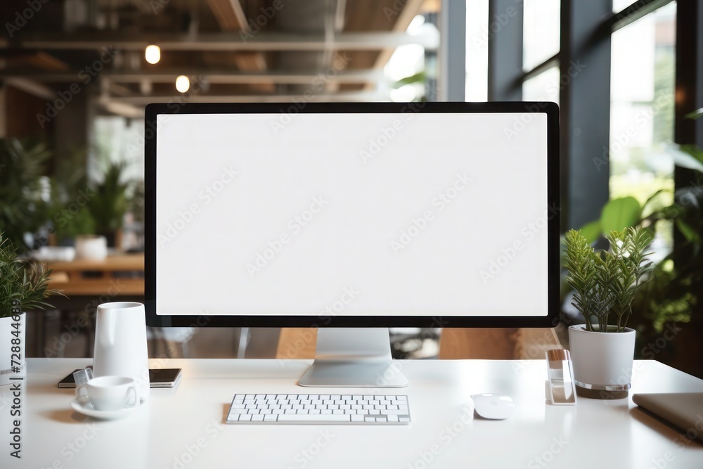 Fototapeta premium A Mockup of a blank computer screen sitting on a table, with office stationaries beside it, in a modern corporate office.
