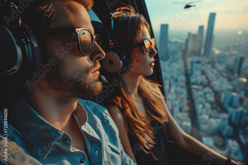 young couple flying on a plane on vacation in the sun wearing sunglasses photo