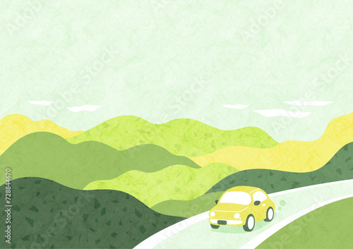 新緑の自然を車でドライブする風景 和風でシンプルな背景イラスト