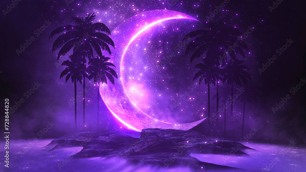Night fantasy landscape, big moon, silhouettes of palm trees, purple smoke, neon, stars.
 - obrazy, fototapety, plakaty 