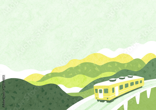 新緑の山々と電車の自然の風景 和風でシンプルな背景イラスト