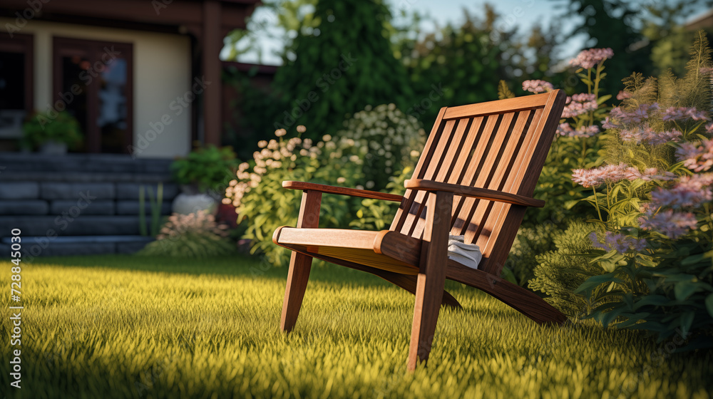 A wooden garden chair in blooming stands on a bright green neat lawn in the garden