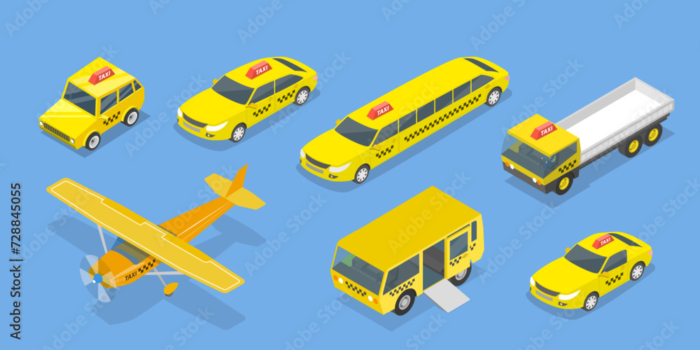 3D Isometric Flat Vector Illustration of Taxi Collection, Different Vehicle Types