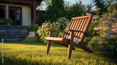 A wooden garden chair in blooming stands on a bright green neat lawn in the garden photo
