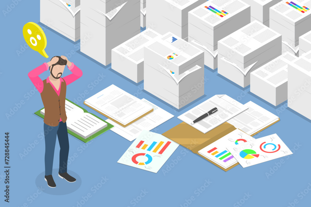 Naklejka premium 3D Isometric Flat Vector Illustration of Paper Work, Confusion and Mess