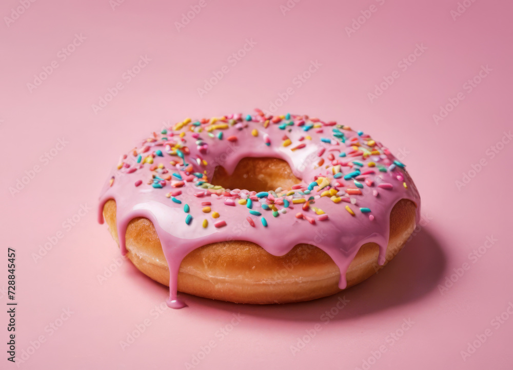 Donut with Pink Icing and Candies on Pink Background Donut with Pink Icing and Candies on Pink Background