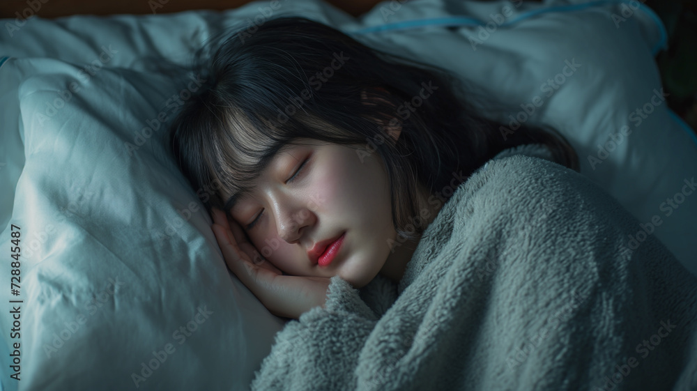 Asian girl sleeping, bed, wrapped in blanket Asian girl sleeping, bed, wrapped in blanket