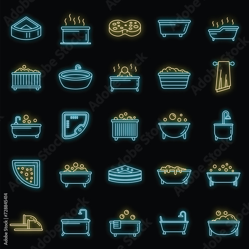 Modern jacuzzi icons set. Outline set of modern jacuzzi vector icons neon color on black