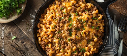 Make a large homemade cheeseburger macaroni in a skillet by seasoning and browning the ground beef.