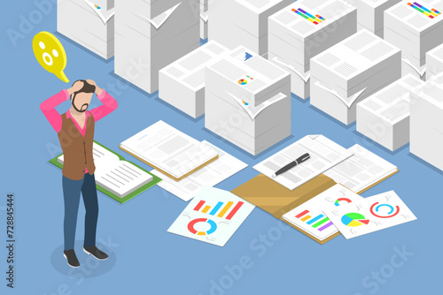 3D Isometric Flat Vector Illustration of Paper Work, Confusion and Mess