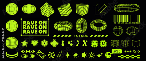 Vector illustration of rave psychedelic retro futuristic set. Geometry wireframe shapes. Isolated dark background. 90s-00s, Y2k style. Text: future, rave on