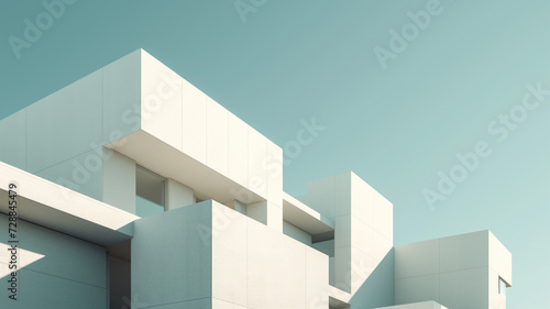 3D rendering of abstract, minimalist buildings with clean lines, standing against a clear sky, conveying modernity and simplicity in micro details.