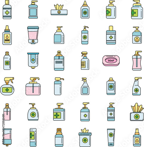 Medical antiseptic icons set. Outline set of medical antiseptic vector icons thin line color flat on white