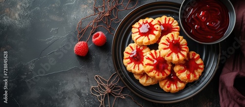 Top view of delicious Halloween witch finger cookies served with raspberry sauce. photo