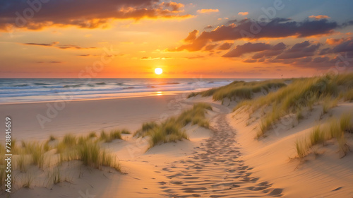 Beautiful sunrise over the sea with sand dunes on the foreground, beach, nature, sand, sky, sunrise, sea, blue, clouds, ocean, morning, coast, landscape, coastline, dawn, shore, waves, color, colorful photo