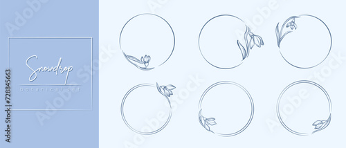 Botanical snowdrop flower circle frame set. Hand drawn round line border with winter leaves and flowers for wedding invitation and cards, logo design, social media and posters template. Elegant minima