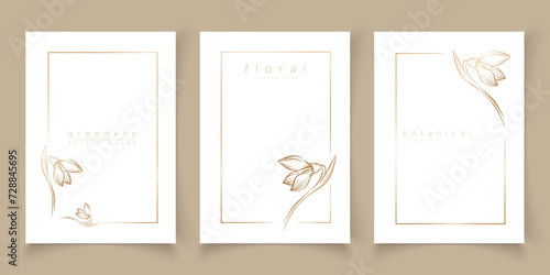 Set of frame snowdrop flower templates in minimal linear style hand drawn style. Elegant frames. Botanical vector illustration for labels, corporate identity, wedding invitation, logo, save the date