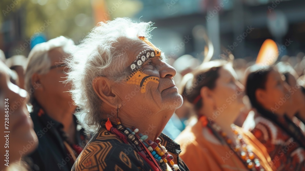 Obraz premium Indigenous elders in ceremonial dress, with focus on a man in a headband