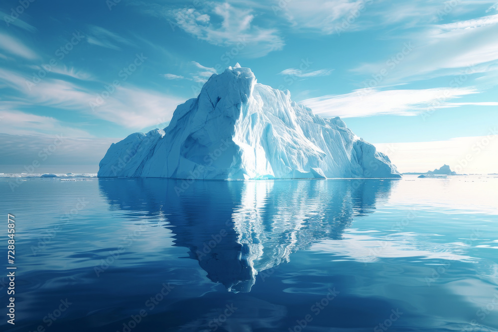 A large piece of iceberg floating in the ocean, reflected in calm sea water. Beautiful glacial landscape