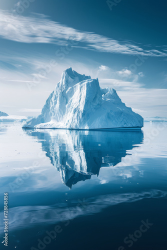 A big piece of iceberg floating in the ocean  reflected in calm sea water. Beautiful glacial landscape