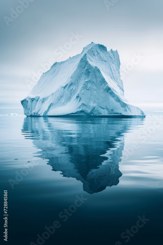 A large piece of iceberg floating in the ocean, reflected in calm sea water. Beautiful glacial landscape © Ayrum.Design