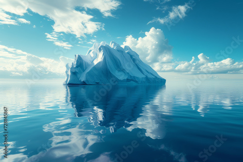 A large piece of iceberg floating in the ocean  reflected in calm sea water. Beautiful glacial landscape