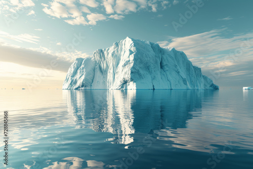 A large piece of iceberg floating in the ocean, reflected in calm sea water during sunrise