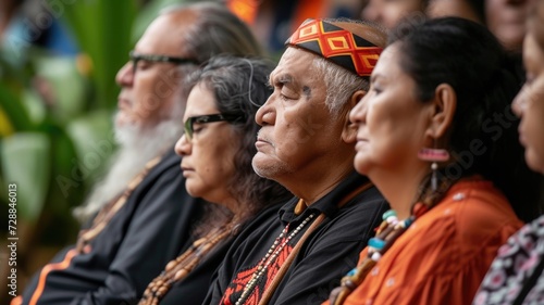 Indigenous elders in ceremonial dress, with focus on a man in a headband
