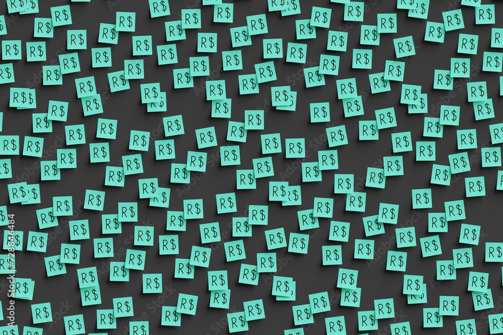 Fototapeta premium Many teal stickers on black board background with symbol of Brazil real drawn on them. Flat view. 3d render, illustration