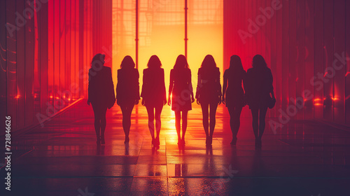 a group of female silhouettes walking in the sunset