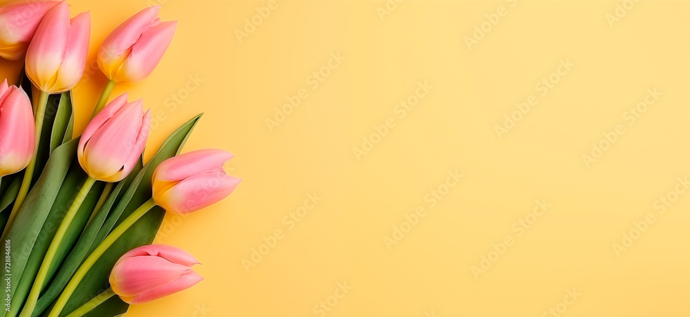 A bouquet of pink tulips lies on a yellow background, top view with copy space. Natural background. Banner with tulips