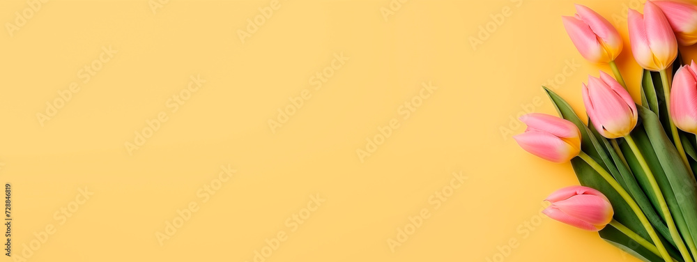 A bouquet of pink tulips lies on a yellow background, top view with copy space. Natural background. Banner with tulips A bouquet of pink tulips lies on a yellow background, top view with copy space. Natural background. Banner with tulips