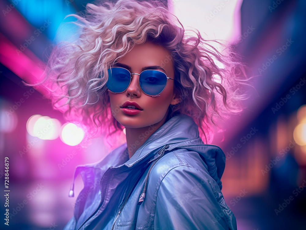 Young European woman wearing glasses on a big city street with neon lights in the background. Steampunk white girl on the street of evening city Young European woman wearing glasses on a big city street with neon lights in the background. Steampunk white girl on the street of evening city