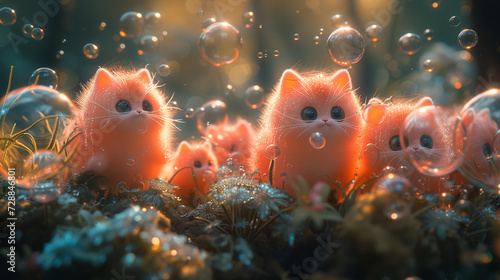 a group of pink kittens in the forest with bubbles #728846801