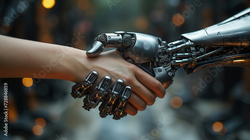 handshake of a person with a robot, AI concept