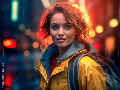 Young European woman wearing glasses on a big city street with neon lights in the background. Steampunk white girl on the street of evening city © Alexey Lesik