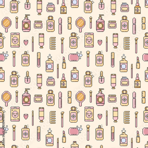 Seamless pattern makeup beauty cosmetic element,mascara,cream bottle,nail product,brush and ect.Pixel art style.Make-up element illustration for wallpaper,background,textile.Vector illustration EPS 10