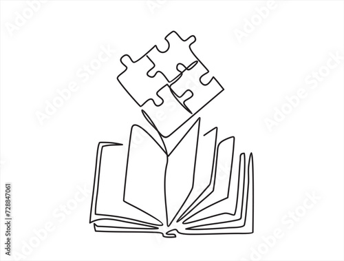 continuous one line drawing of puzzle and open book. Can used for logo, emblem, slide show and banner