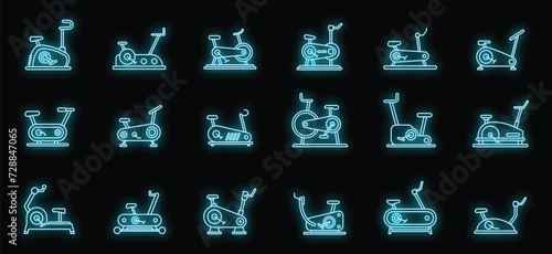 Modern exercise bike icons set. Outline set of modern exercise bike vector icons neon color on black