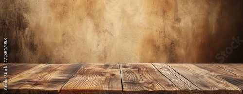 Wooden Table With Brown Wall Background