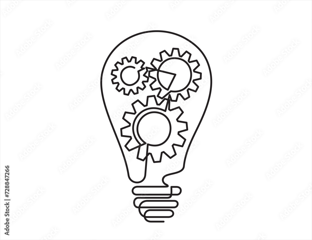 Continuous one single line drawing innovation Light bulb and gears inside icon vector illustration concept Continuous one single line drawing innovation Light bulb and gears inside icon vector illustration concept